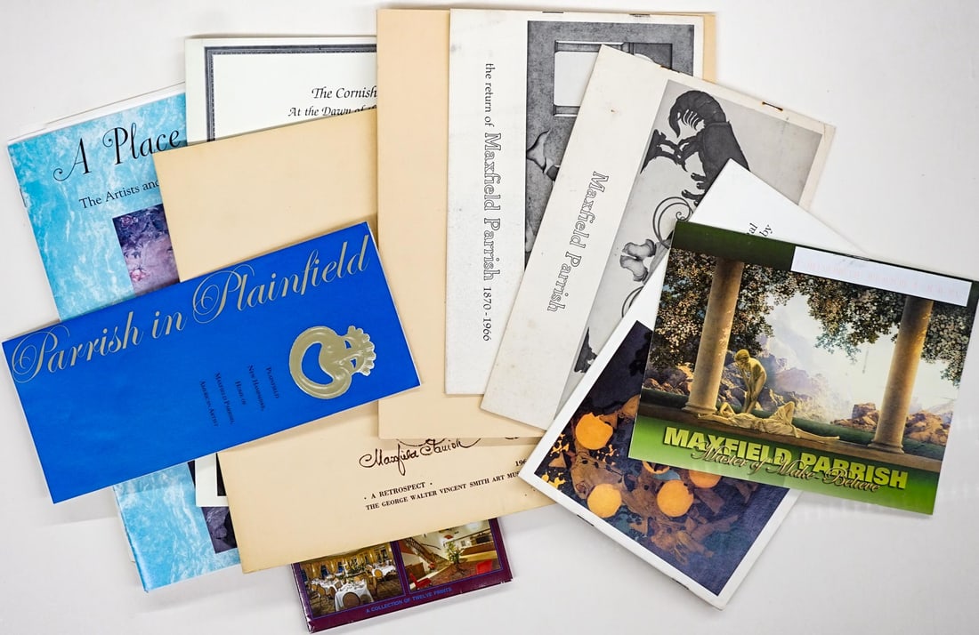 Maxfield Parrish (21) Gallery Brochures and More: Twenty-one pieces of gallery brochures; complete pack of Broadmoor postcards; and more. Lot measures 12 in. x 8.5 in. x 1.5 in. Maxfield Parrish - American painter and illustrator active in the first
