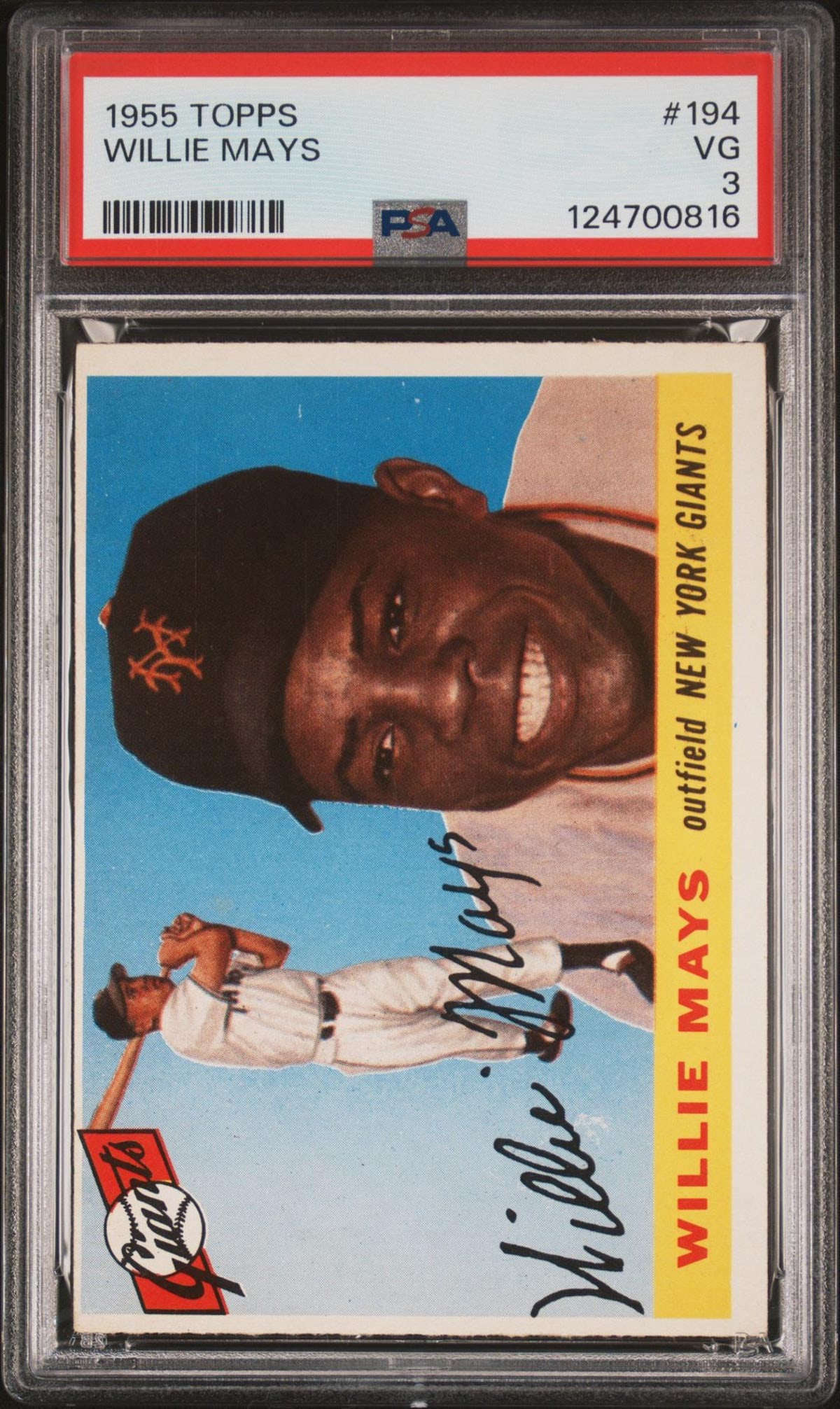 Willie Mays 1955 Topps #194 PSA 3: Willie Mays 1955 Topps #194 PSA 3. The absence of a condition report does not imply that the lot is in perfect condition or completely free from wear and tear, imperfections, or the conditions of agin