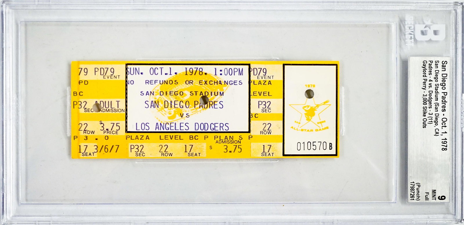 Gaylord Perry 3,000 Strike Outs Full Ticket: Gaylord Perry 3,000 Strike Outs Full Ticket BGS 9 MINT. San Diego Padres - Oct. 1, 1978/San Diego Stadium (San Diego, CA)/Padres - 4 vs. Dodgers - 3 (11)/Gaylord Perry - 3,000 Stike Outs. The absence 