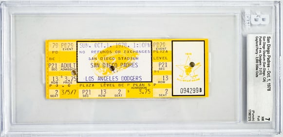 Gaylord Perry 3,000 Strike Outs Full Ticket BGS 7