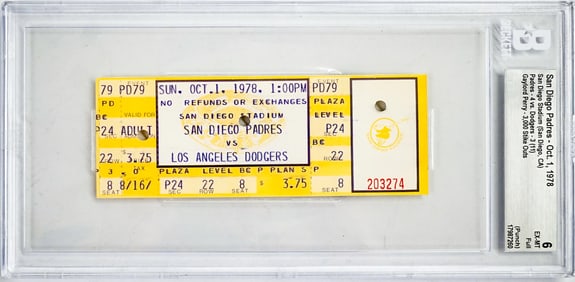 Gaylord Perry 3,000 Strike Outs Full Ticket BGS 6