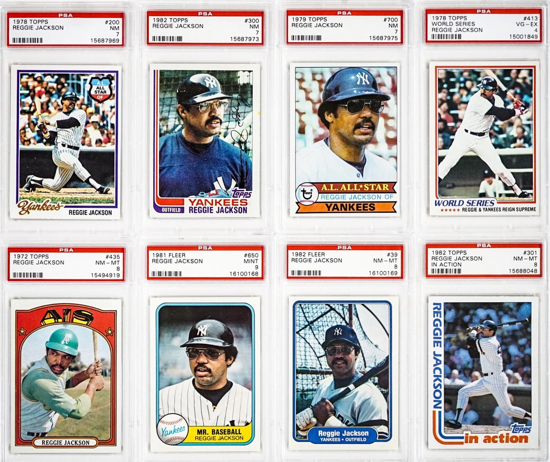 Reggie Jackson PSA Grades Cards (8): Reggie Jackson PSA Grades Cards (8). The absence of a condition report does not imply that the lot is in perfect condition or completely free from wear and tear, imperfections, or the conditions of ag