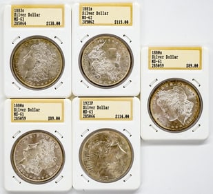 Five Graded U.S. Morgan & Peace Silver Dollars