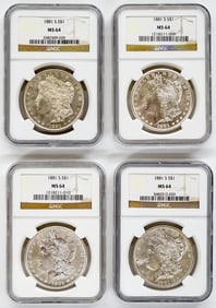 Four Graded U.S. Morgan Silver Dollars 1881-S