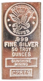 50 Troy Ounces .999 Fine Silver Bar-Sunshine