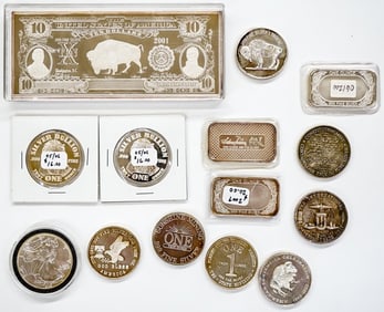 (14) .999 Fine Silver 1 Oz. Rounds & Bars etc