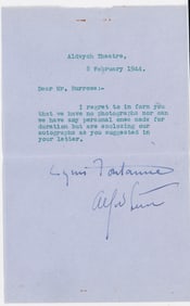 Lynn Fontaine / Alfred Lunt SIGNED Letter BAS COA