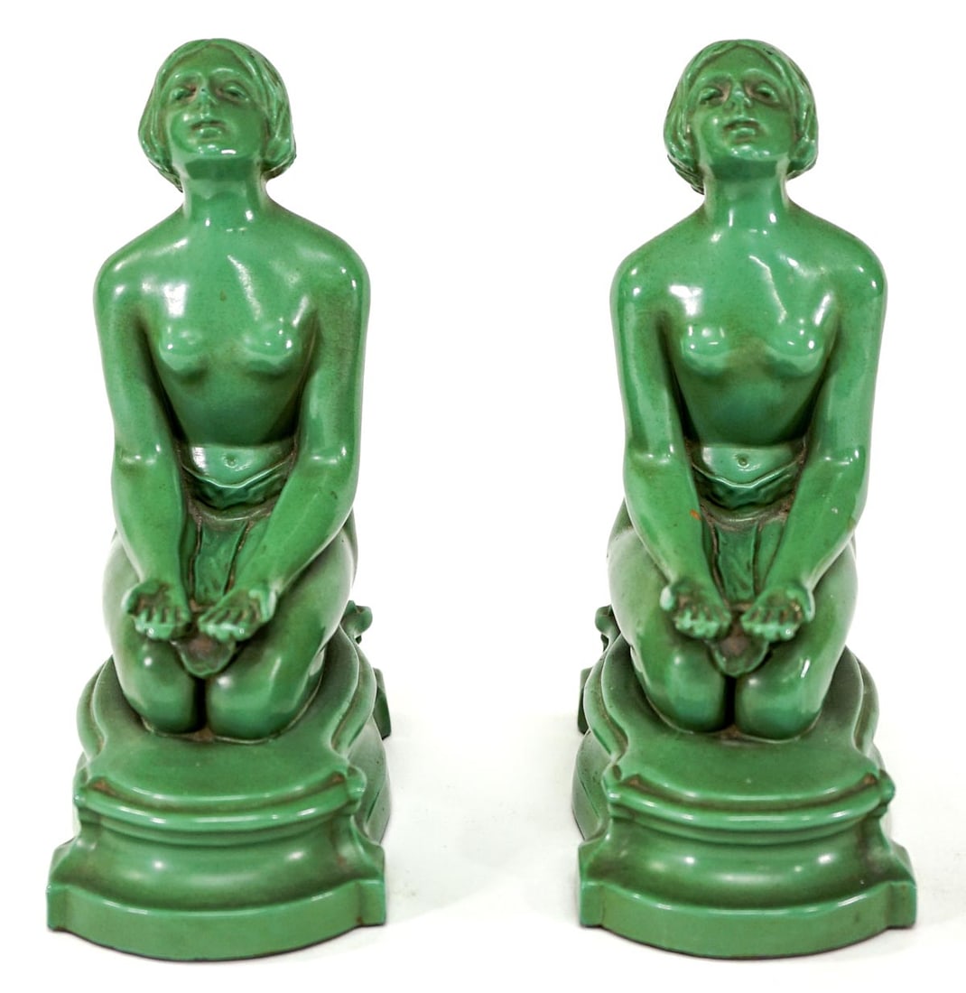 Art Deco Pair Bookends [Nude Woman Kneeling]: Pair of art deco nude painted spelter or white metal, hollow cast and filled bookends #515. Each bookend measures 6.5 x 2.75 x 5.75 inches. No damage. The absence of a condition report does not imply 