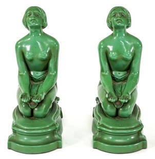 Art Deco Pair Bookends [Nude Woman Kneeling]: Pair of art deco nude painted spelter or white metal, hollow cast and filled bookends #515. Each bookend measures 6.5 x 2.75 x 5.75 inches. No damage. The absence of a condition report does not imply