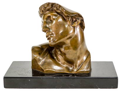 F. Barbedienne After Michelangelo Bronze Bust: F. Barbedienne After Michelangelo Bronze Bust. Measures 5.75 x 5 x 2.75 inches, sits atop a marble base and measures 7 x 9 x 4. No Damage. The absence of a condition report does not imply that the