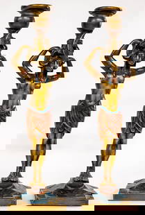 Galvano Rare Bronze Clad Large Candleholders: Pair candleholders. Each measures 15.5 x 5 x 4.2 inches. No damage. The absence of a condition report does not imply that the lot is in perfect condition or completely free from wear and tear,