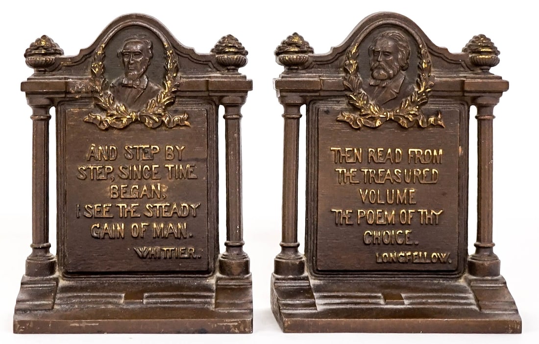 Whittier by Bradley & Hubbard Pair Bookends: Whittier by Bradley & Hubbard Solid & Heavy Large Bookends. Each bookend measures 6 x 4.875 x 2.5 inches. These are solid and heavy (3 lb 8 oz each) and appear to be solid cast iron. No damage. The ab
