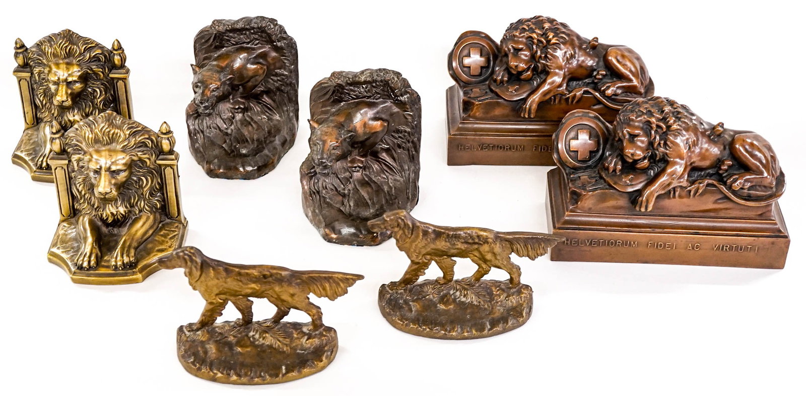 Lions, Tigers & Dogs Vintage/Antique Bookends: Four (4) pair bookends Includes Jennings Brothers lions sleeping measuring 6 x 7.5 x 3 inches, other sets measuring 3.5 x 5.75 x 1.75 inches, 4.5 x 4 x 3 inches and 4.75 x 3.75 x 3.25 inches. No damag