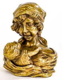 Antique Signed Bronze Mother & Child