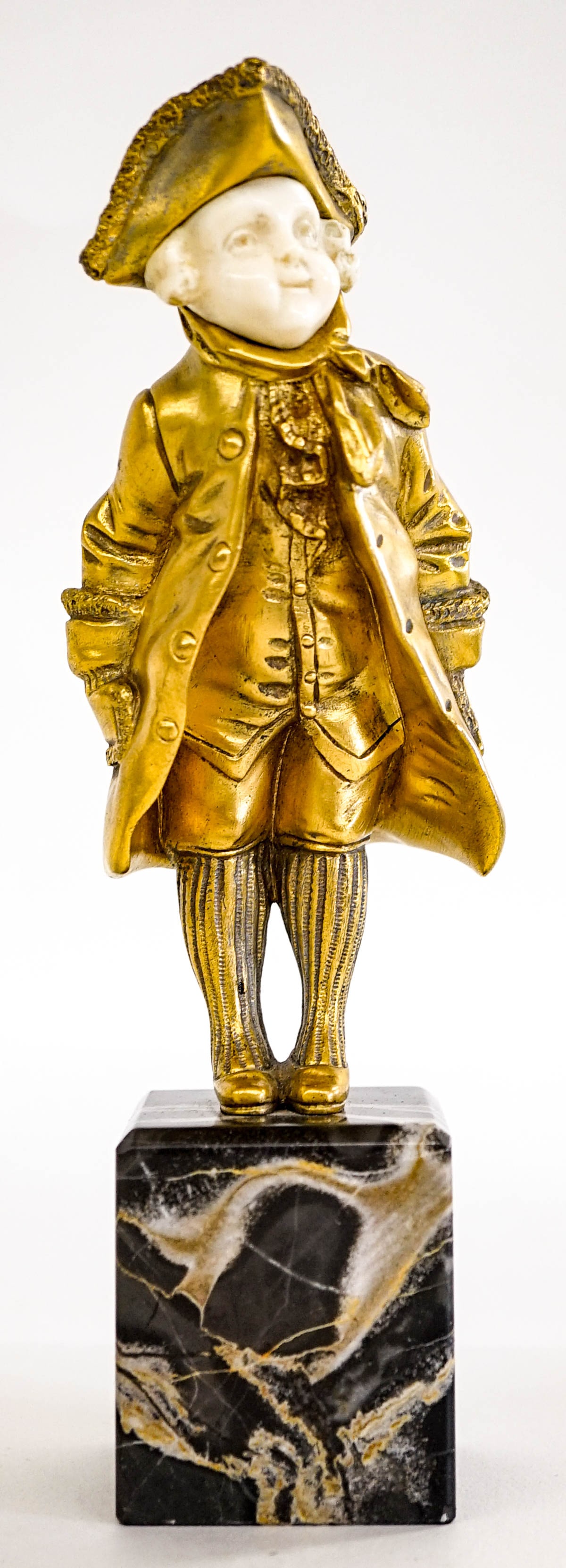 Georges Omerth, (French, Active Circa 1895-1925): Georges Omerth, (French, Active Circa 1895-1925). Measures 5.75 x 2.5 x 2.25 inches (sculpture only). Sits atop marble base and measures 8 inches tall total. No damage. Carved applied face and hands. 