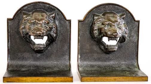 Antique Signed Bronze Pair Bookends with Lions