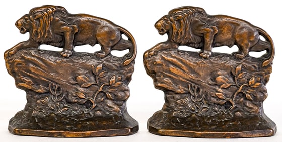 Pair Crouching Lion Bookends by Copper Co. 1930