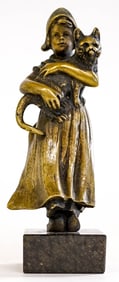 Antique Solid Bronze Figure of Girl with Cat