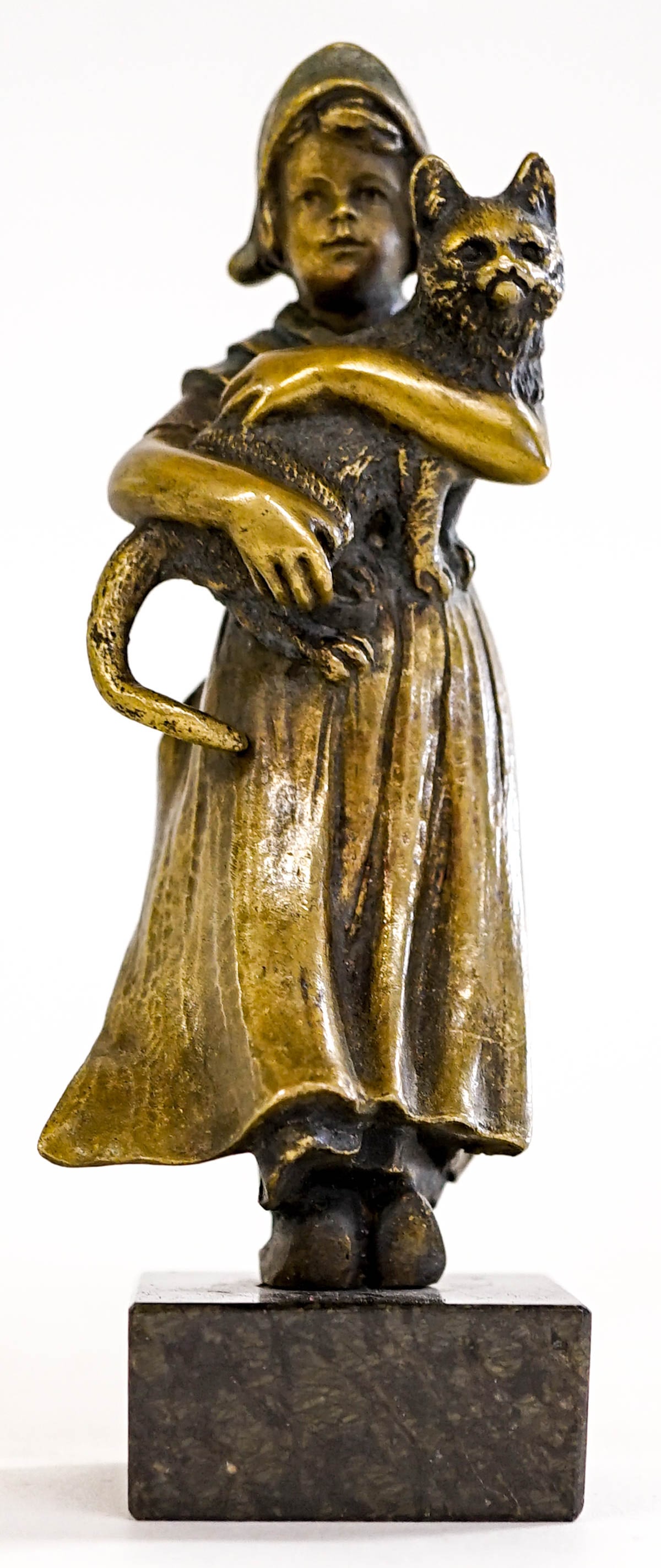 Antique Solid Bronze Figure of Girl with Cat (1 of 4)