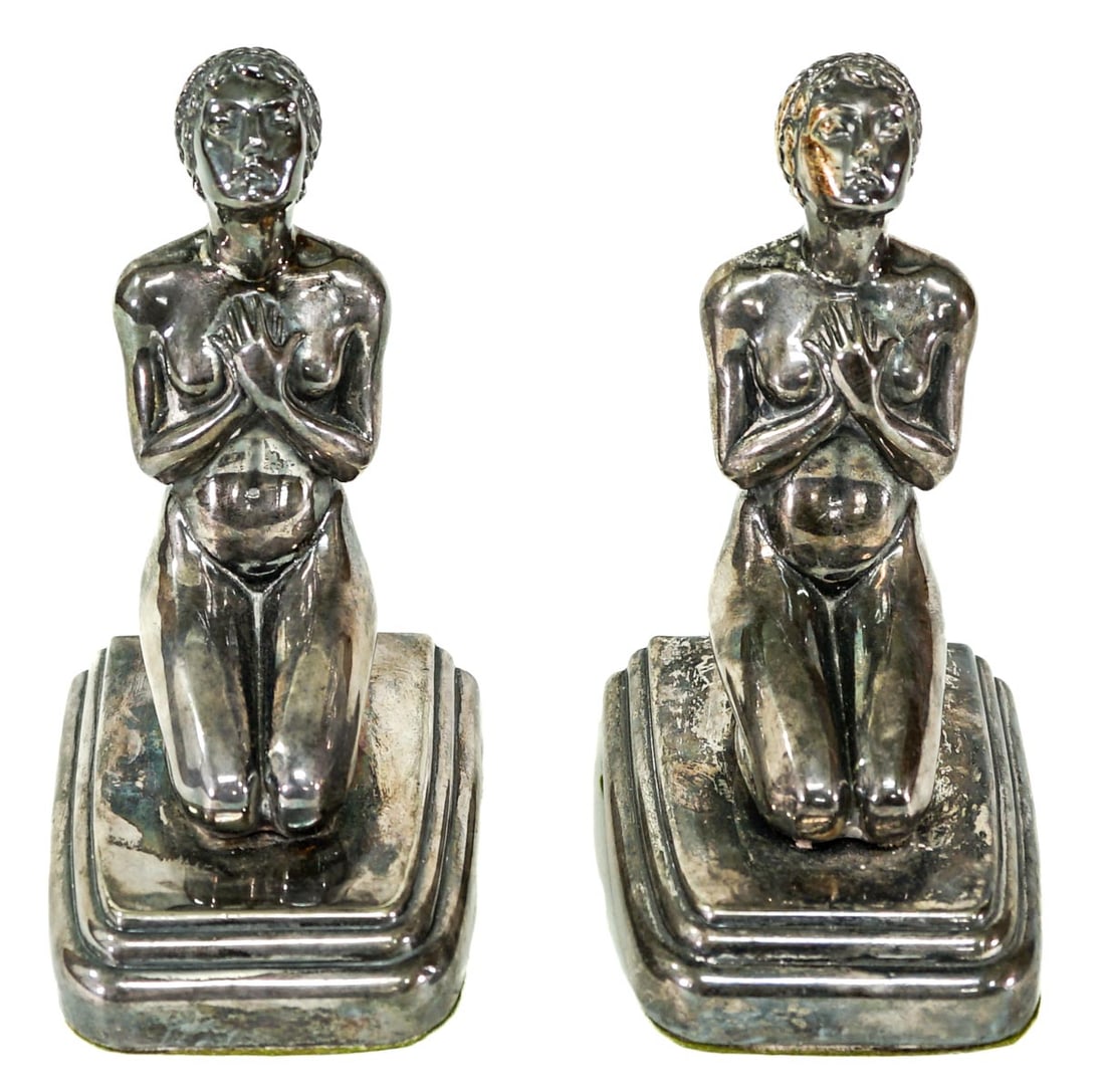 Art Deco Nude Woman Pair Bookends RARE: Art Deco silver clad bookends, weighted and filled. Each bookend measures 6 x 3.375 x 4.25 inches. No damage. The absence of a condition report does not imply that the lot is in perfect condition or c