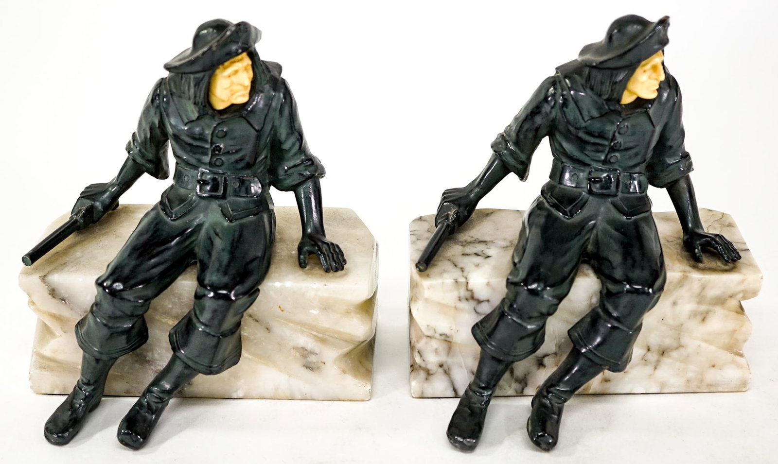 J. B. Hirsch Cast Spelter Pair Bookends [Pirate]: J. B. Hirsch Sea Gun Pirate with stone base. Each bookend measures 6.5 x 5.5 x 4 inches. No damage. The absence of a condition report does not imply that the lot is in perfect condition or completely 