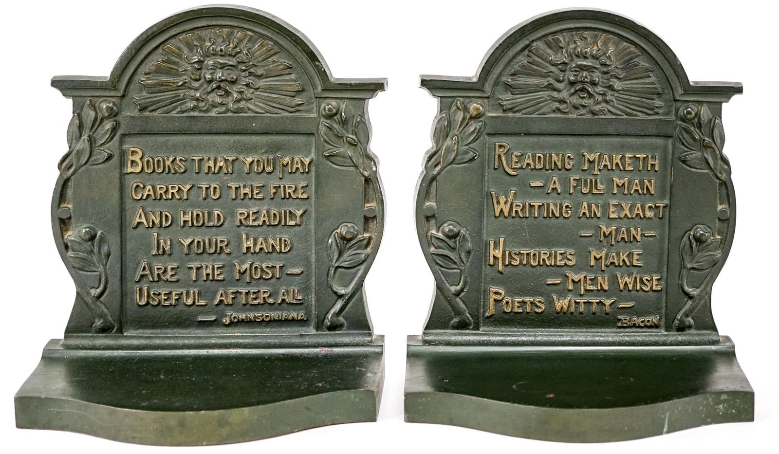 Bradley Hubbard Cast Iron Pair Bookends [Bacon]: Antique Cast Iron Bradley & Hubbard Northwind Poems Bacon pair bookends. Each bookend measures 7 x 6 x 3.25 inches. No damage. The absence of a condition report does not imply that the lot is in perfe
