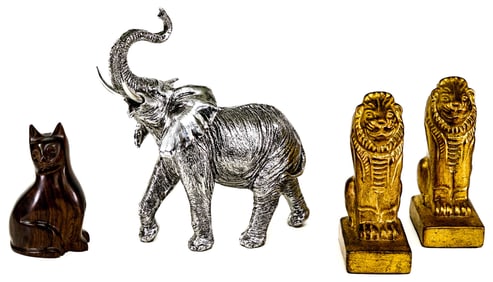 Pair Designer Lion Bookends and (2) Sculptures.