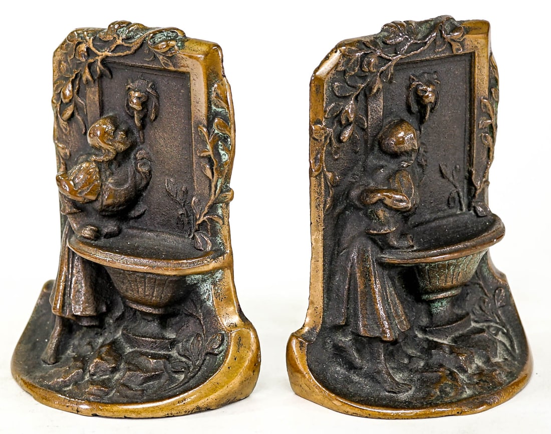 Solid Bronze Pair Bookends [Girl / Wall Fountain] (1 of 8)