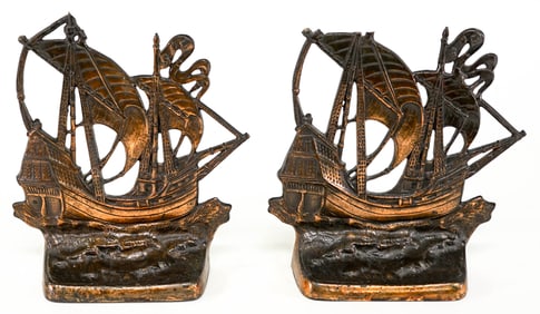 15th Century Galleon Ship Pair Bookends AS-IS