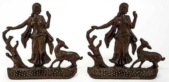 Art Nouveau Pair Metal Bookends [Woman; Deer]