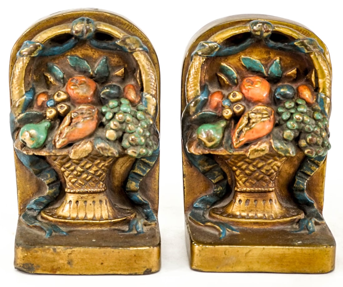 Hirsch Bronze Clad Pair Bookends [Fruit Basket]: Each bookend measures6.875 x 4.5 x 3.5 inches. No visible damage. The absence of a condition report does not imply that the lot is in perfect condition or completely free from wear and tear, imperfect