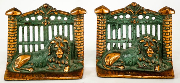 Cast Iron Copper Patina Pair Bookends [Lion/Gate]