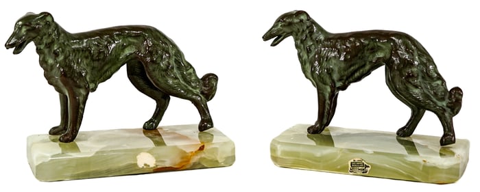 Cast Metal Patinated (2) Dog Figural / Onyx Base