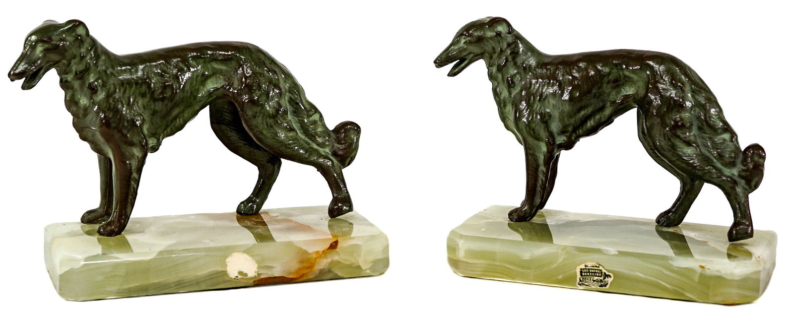 Cast Metal Patinated (2) Dog Figural / Onyx Base (1 of 9)