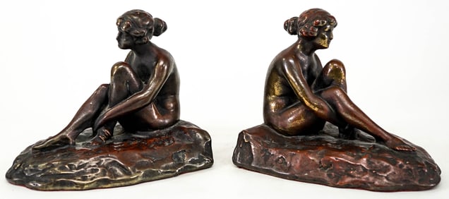 Bronze Clad Pair Bookends [Woman on Rock]