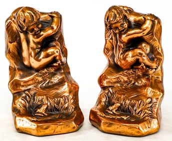 S. Morani Pair Copper Clad Bookends [Child, Frog]