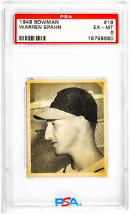 Warren Spahn 1948 Bowman #18 PSA 6 EX-MT: Warren Spahn 1948 Bowman #18 PSA 6 EX-MT. Item measures 5.5 in. x 3.5 x .25 inches for shipping purposes. The absence of a condition report does not imply that the lot is in perfect condition or