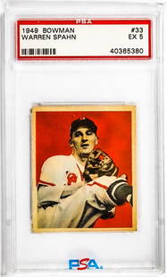 Warren Spahn 1949 Bowman #33 PSA 5: Warren Spahn 1949 Bowman #33 PSA 5. Item measures 5.5 in. x 3.5 x .25 inches for shipping purposes. The absence of a condition report does not imply that the lot is in perfect condition or completely