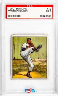Warren Spahn 1950 Bowman #19 PSA 5: Warren Spahn 1950 Bowman #19 PSA 5. Item measures 5.5 in. x 3.5 x .25 inches for shipping purposes. The absence of a condition report does not imply that the lot is in perfect condition or completely