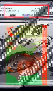 Roberto Clemente 1955 Topps #164 PSA 4: Roberto Clemente 1955 Topps #164 PSA 4. Item measures 5.5 in. x 3.5 x .25 inches for shipping purposes. The absence of a condition report does not imply that the lot is in perfect condition or