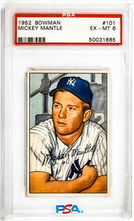 Mickey Mantle 1952 Bowman #101 PSA 6: Mickey Mantle 1952 Bowman #101 PSA 6. Item measures 5.5 in. x 3.5 x .25 inches for shipping purposes. The absence of a condition report does not imply that the lot is in perfect condition or