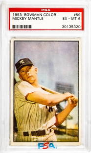 Mickey Mantle 1953 Bowman Color #59 PSA 6: Mickey Mantle 1953 Bowman Color #59 PSA 6. Item measures 5.5 in. x 3.5 x .25 inches for shipping purposes. The absence of a condition report does not imply that the lot is in perfect condition or