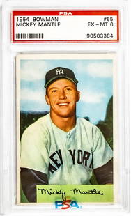 Mickey Mantle 1954 Bowman #65 PSA 6: Mickey Mantle 1953 Bowman Color #65 PSA 6. Item measures 5.5 in. x 3.5 x .25 inches for shipping purposes. The absence of a condition report does not imply that the lot is in perfect condition or