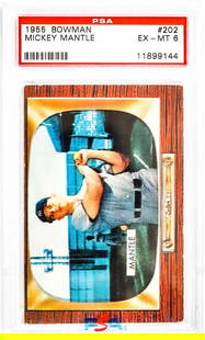 Mickey Mantle 1955 Bowman #202 PSA 6: Mickey Mantle 1955 Bowman #202 PSA 6. Item measures 5.5 in. x 3.5 x .25 inches for shipping purposes. The absence of a condition report does not imply that the lot is in perfect condition or