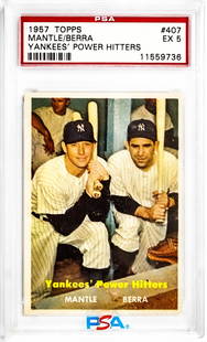 Mickey Mantle 1957 Topps #407 PSA 5 EX: Mickey Mantle and Yogi Berra Yankees Power Hitters 1957 Topps #407 PSA 5 EX. Item measures 5.5 in. x 3.5 x .25 inches for shipping purposes. The absence of a condition report does not imply that the