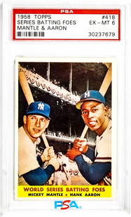 1958 Topps Mantle & Aaron Batting Foes PSA 6: Mickey Mantle and Hank Aaron Batting Foes 1958 Topps #418 PSA 6. Item measures 5.5 in. x 3.5 x .25 inches for shipping purposes. The absence of a condition report does not imply that the lot is in