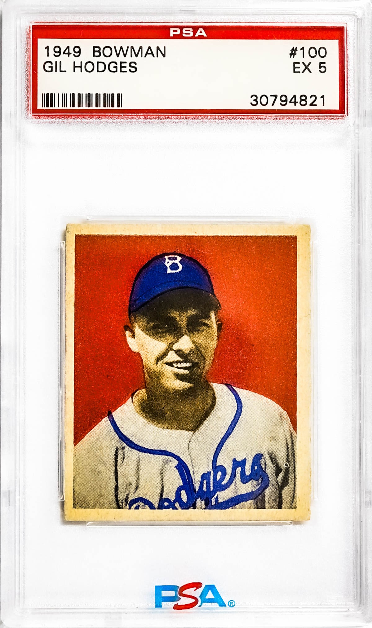 Gil Hodges 1949 Bowman #100 PSA 5: Gil Hodges 1949 Bowman #100 PSA 5. Item measures 5.5 in. x 3.5 x .25 inches for shipping purposes. The absence of a condition report does not imply that the lot is in perfect condition or completely f