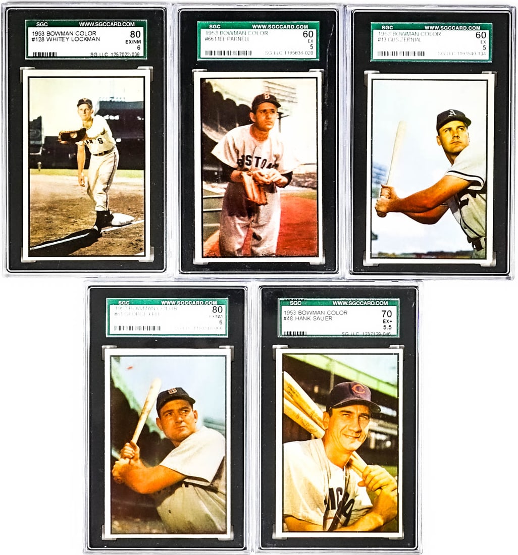 (5) 1953 Bowman Color SGC Graded Cards: Includes Gus Zernial #13 SGC 5, Hank Sauer #48 SGC 5.5, George Kell #61 SGC 6, Mel Parnell #66 SGC 5 and Whitey Lockman #128 SGC 6. Items measure 5.5 in. x 3.5 x 1.5 inches for shipping purposes. The