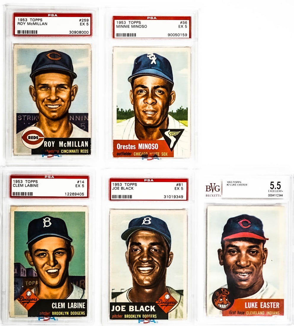 (5) 1953 Topps Graded Baseball Cards: Includes Luke Easter #2 BVG 5.5, Minnie Minoso #66 PSA 5, Roy McMillan #259 PSA 5, Joe Black #81 PSA 5 and Clem Labine #14 PSA 5. Items measure 5.5 in. x 3.5 x 1.25 inches for shipping purposes. The a