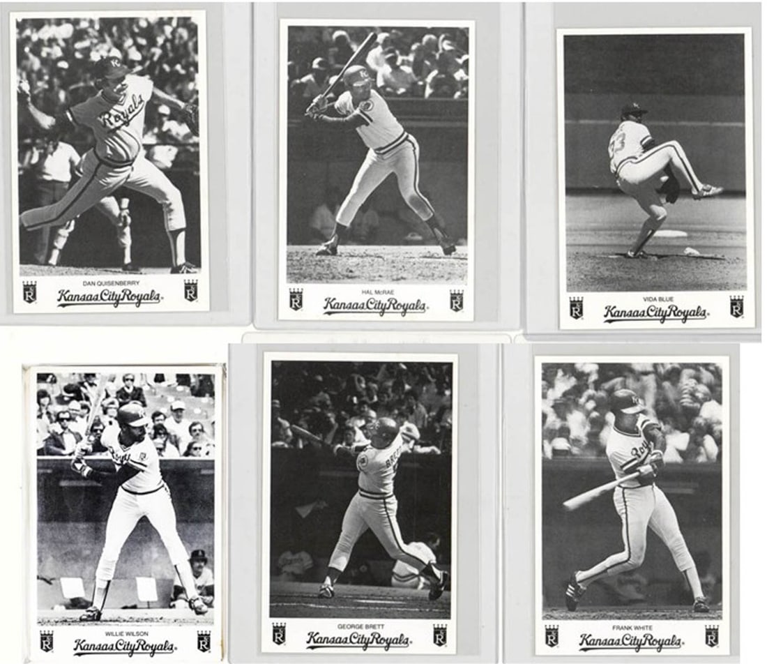 1983 Kansas City Royals Team Issue Photos (34): 1983 Kansas City Royals Team Issue Photo Cards (34) with no duplicates. They measure 5 x 3 inches. The lot measures 7 x 4.5 x .5 inches. The absence of a condition report does not imply that the lot i